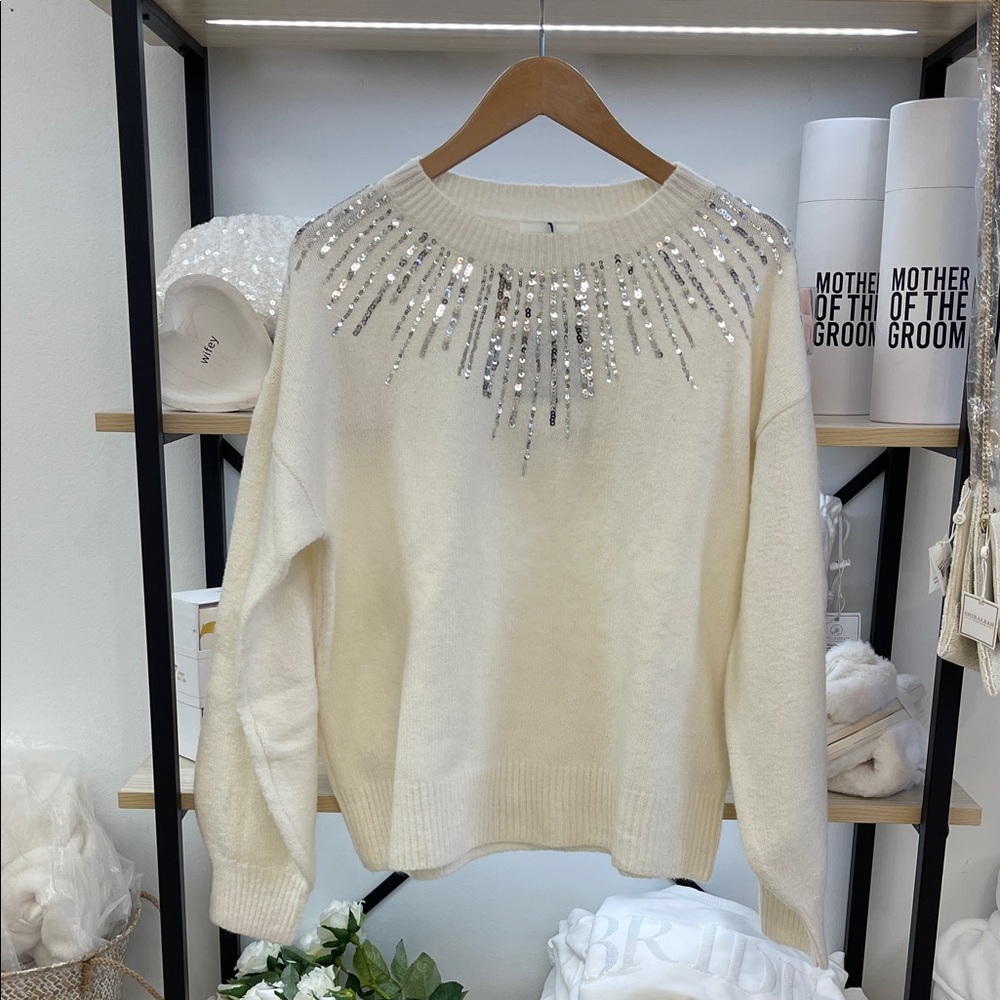 Sequin Ivory Crewneck Sweater - Sparkle Detail